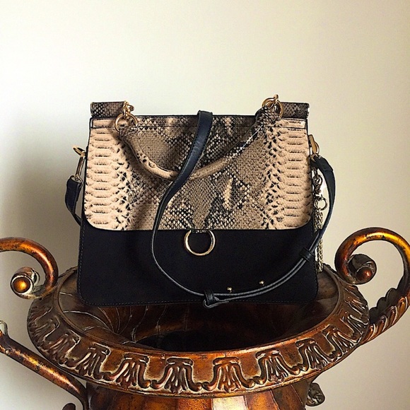 INZI Snake Skin Design Leather Gold Chain Velvet Handbag Clutch Tote Shoulder - Picture 1 of 14